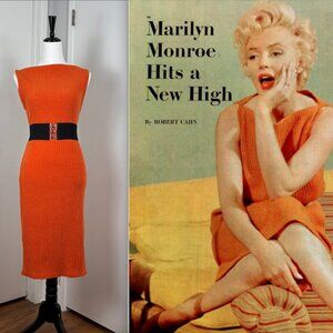 1950s Style "Marilyn" Boatneck Midi Dress Orange Knit XS S